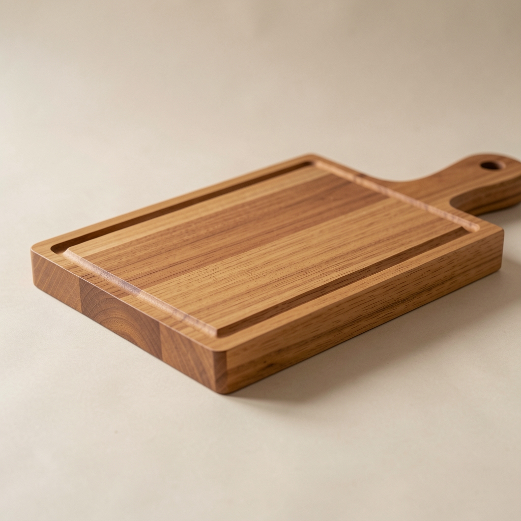 Tabla de corte de madera de teca 40x28 cm de grosor 3 cm con superficie lisa y ranura perimetral para jugos