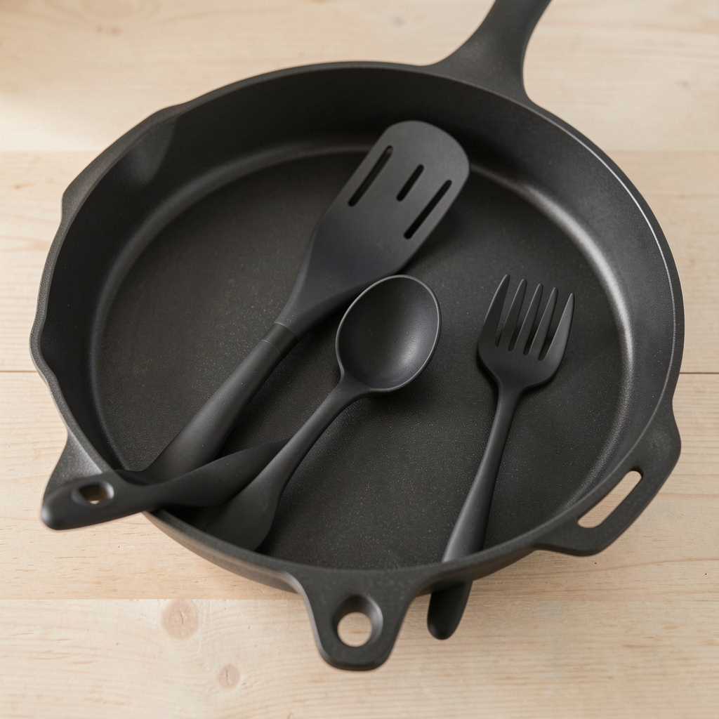 Set de 5 utensilios de cocina de nylon en negro colgados en riel de cocina moderna