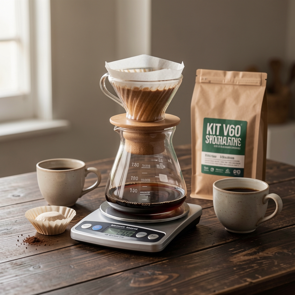 Kit V60 Hario de pour-over completo con dripper de vidrio transparente, jarra de vidrio graduada, filtros de papel y báscula de precisión sobre mesa de madera oscura con taza de café y bolsa de café specialty