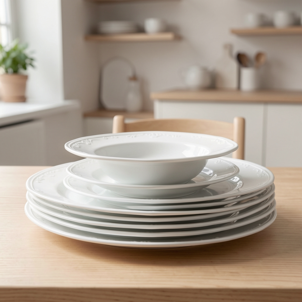 Juego de vajilla de porcelana blanca brillante 24 piezas apiladas en mesa de madera clara, con detalle de borde fino y logotipo en relieve, fondo neutro en cocina escandinava