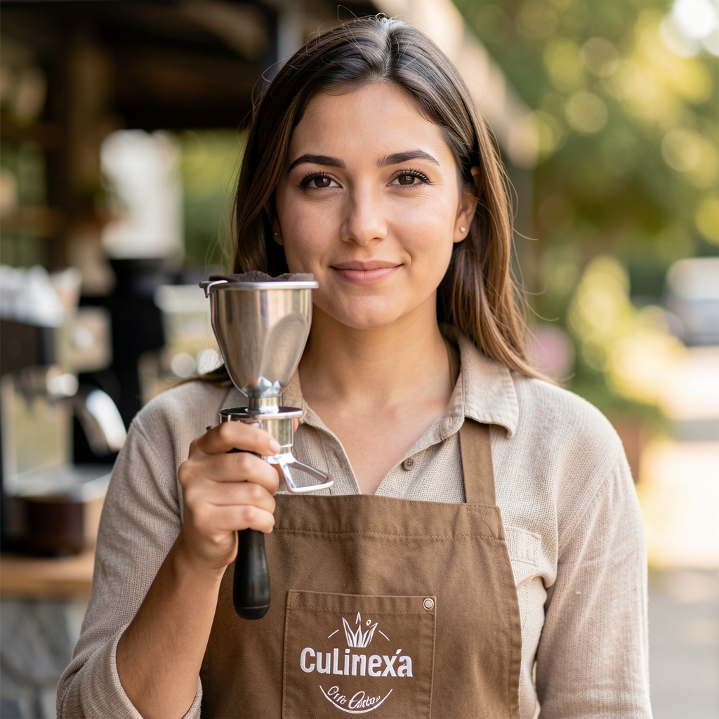 Lucía Fernández, Especialista en Café de Culinexa, mujer joven con delantal de barista sosteniendo portafiltro profesional