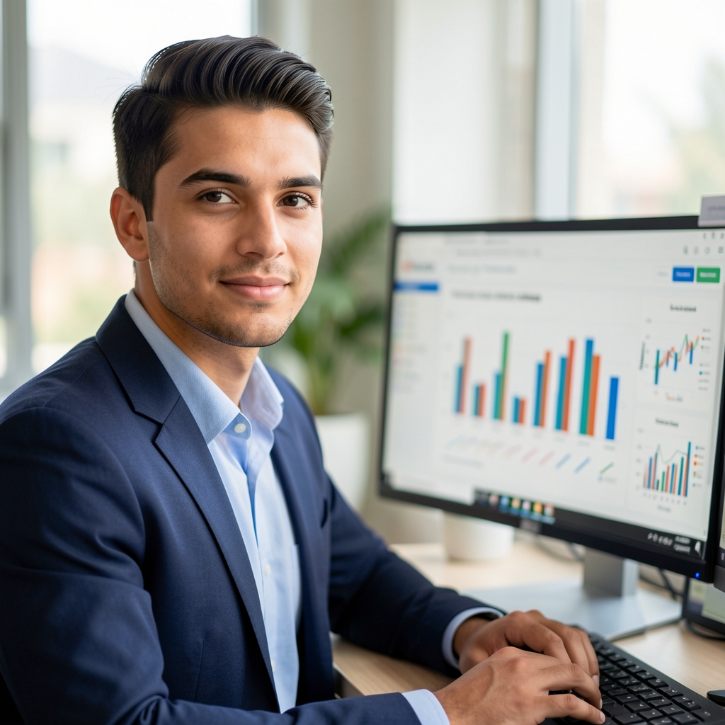 Pablo Moreno, Analista de Precios de Culinexa, hombre joven trabajando frente a monitor con gráficos de análisis de mercado
